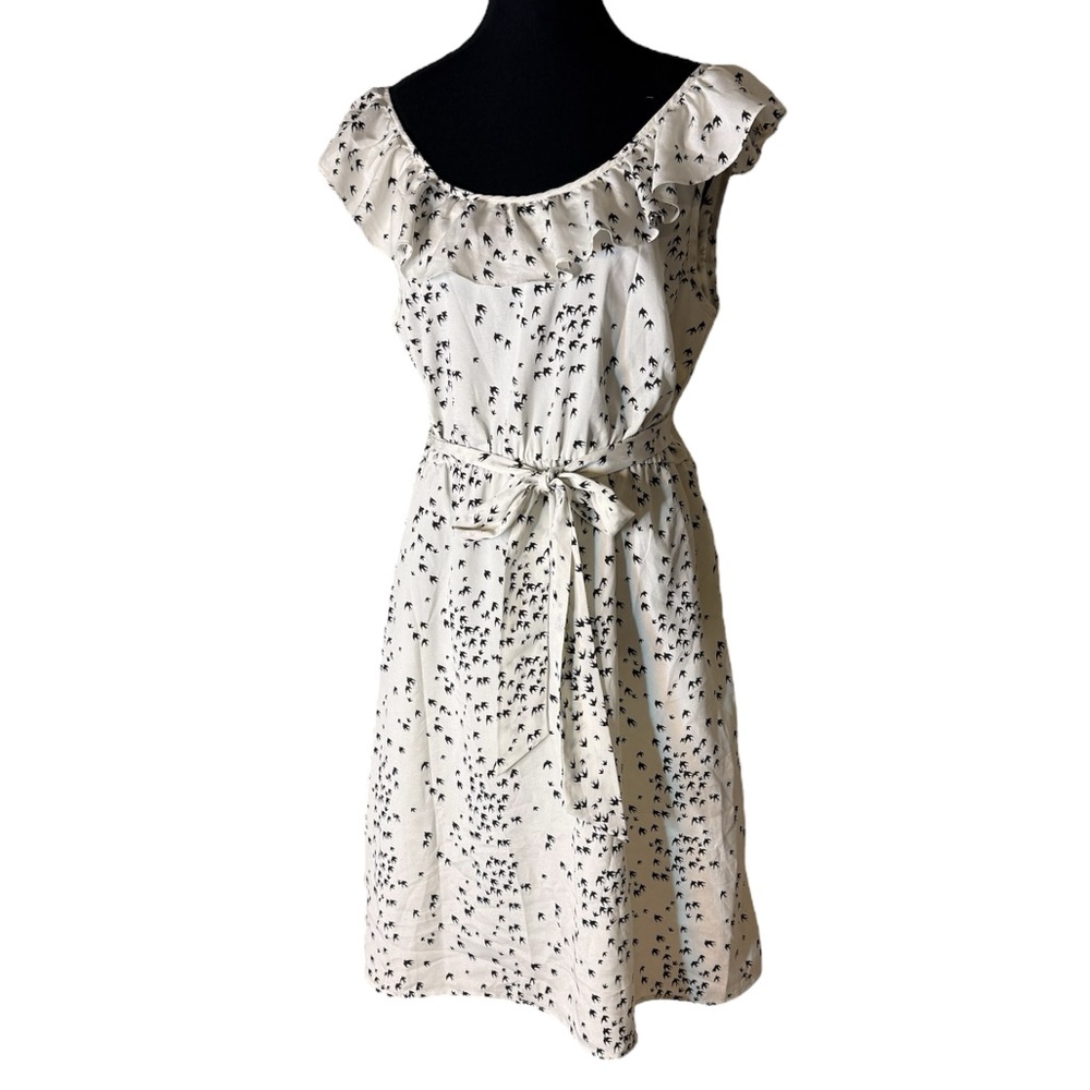 CLEO Petite Off Shoulder Swallows Birds Midi Summer Dress Ruffle Size 12P